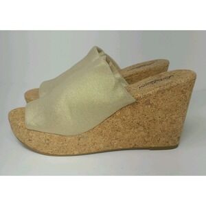 Lucky Brand Cork Wedge Slide Sandals Women's 9M Gold Beige Open Toe Platform